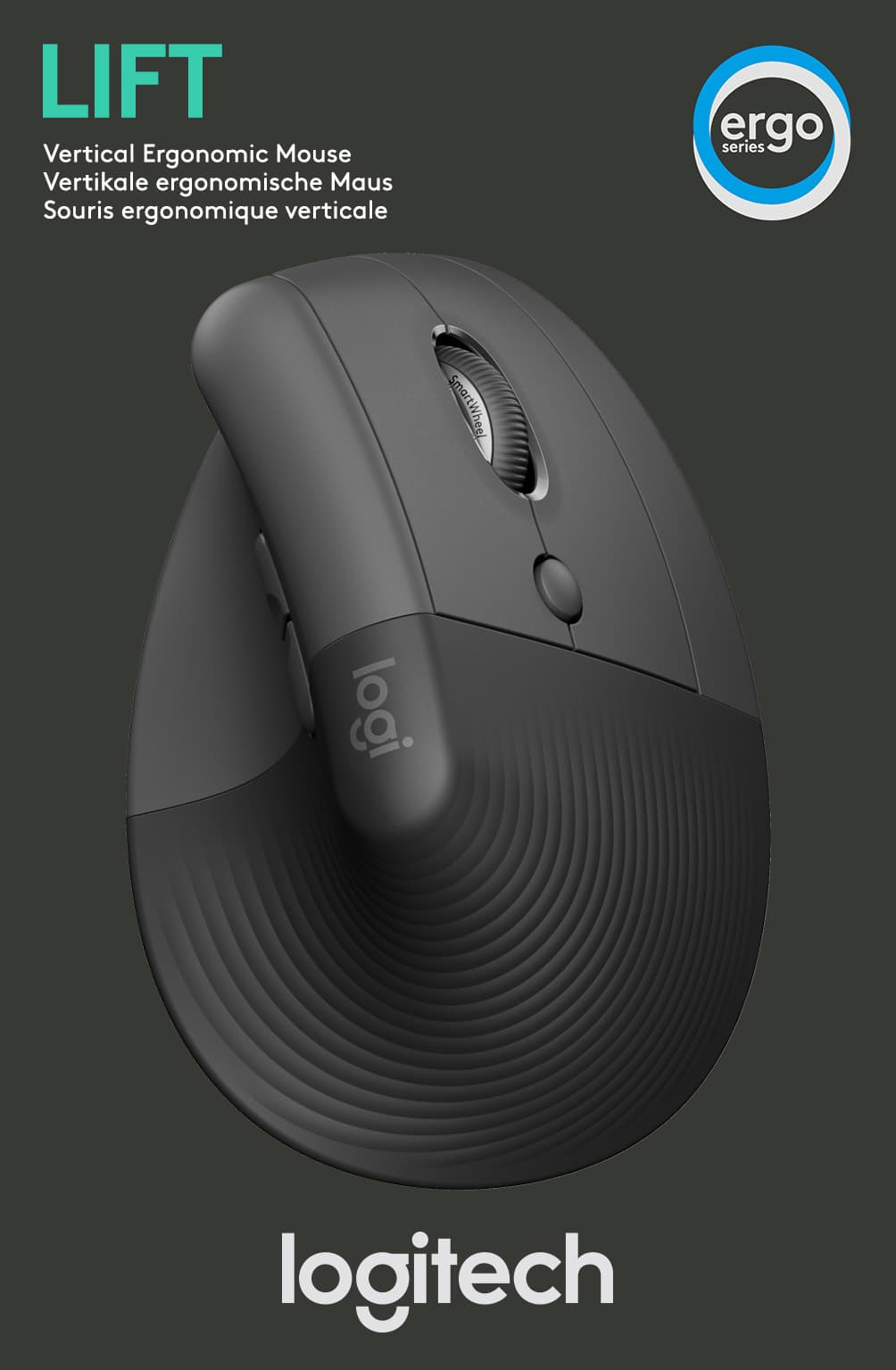 Logitech Mouse LIFT, Vertical, Sans fil, Boulon, Bluetooth, graphite optique, 4000 dpi, 6 boutons, Droite, Vente au détail