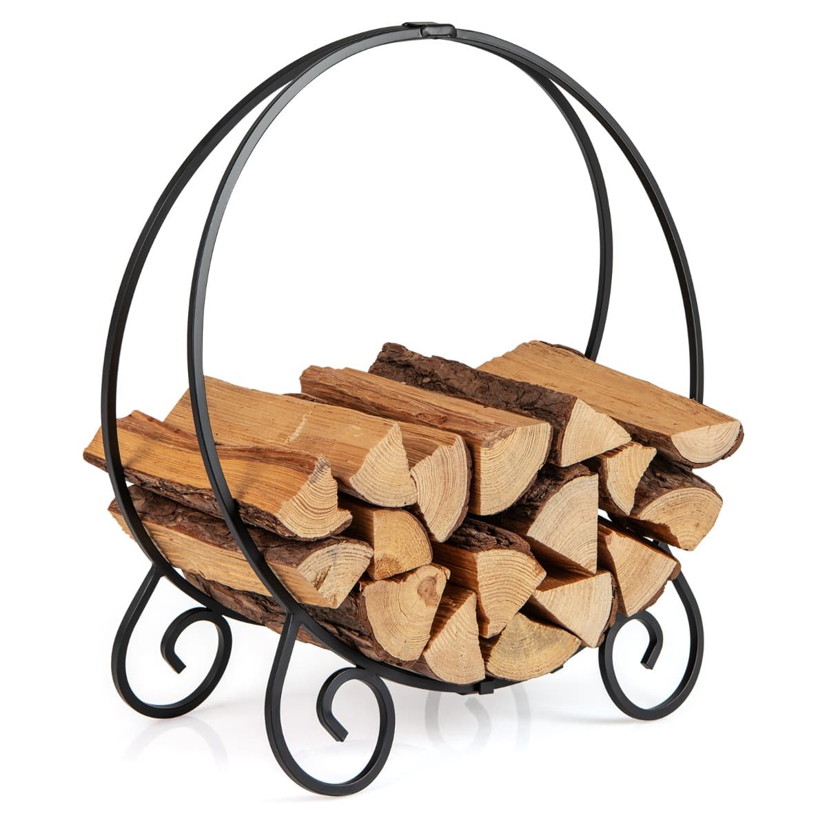 CostwayPorte-Bûches de 59cm Anneau pour Bûches Pliable pour Intérieur et Extérieur Support Rond à Bois de Chauffage en Métal Charge Max. 270kg Noir