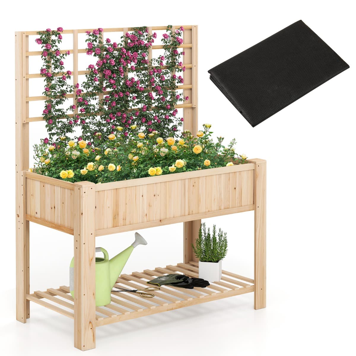 CostwayJardinière Surélevée avec Treillis Bac à Plantes en Bois avec Pieds Doublure Étagère de Rangement et Trous de Drainage pour Plantes Naturel