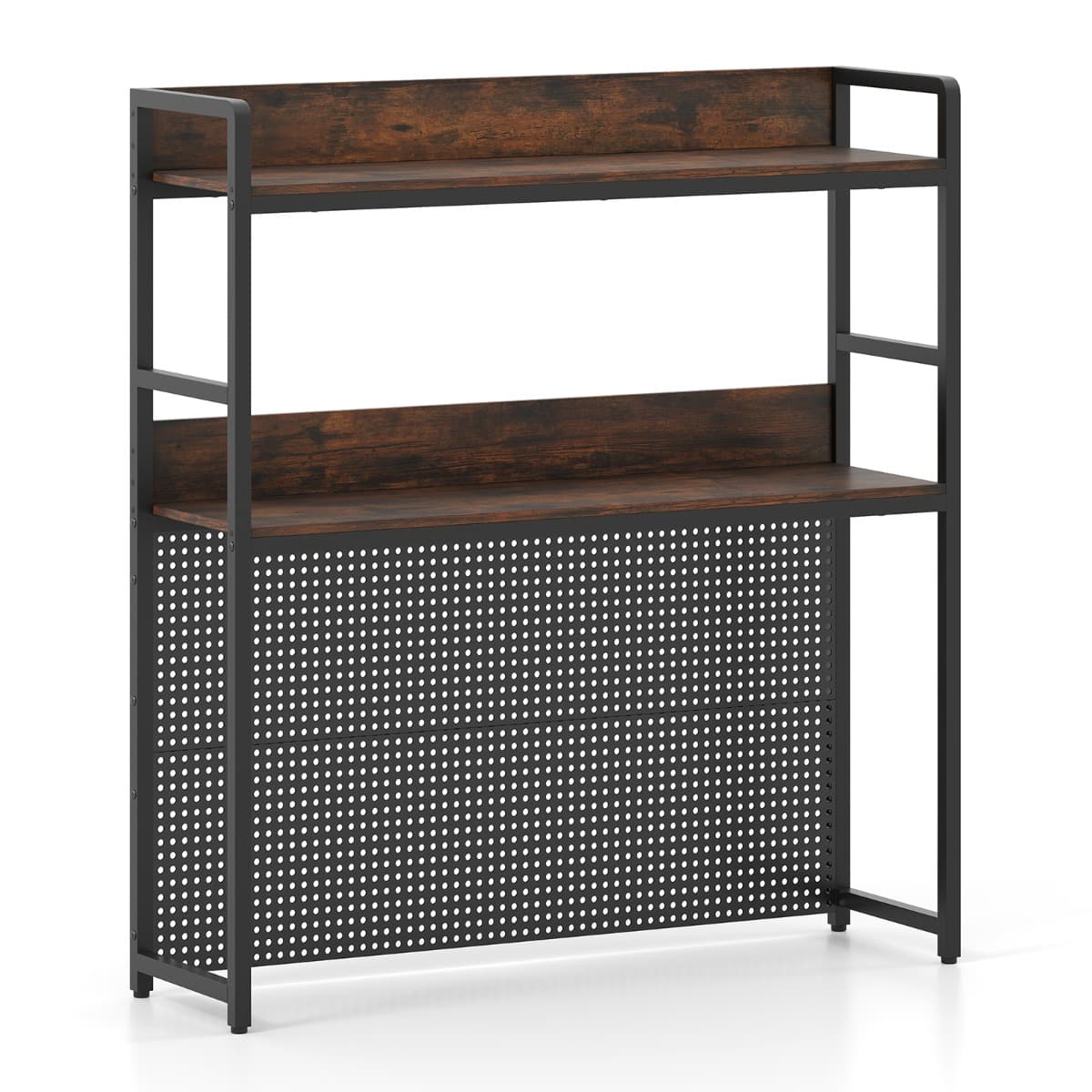 CostwayÉtagère de Bureau Console de Bureau à 2 Niveaux Polyvalente avec Panneau Perforé Organisateur de Rangement Industriel Brun Rustique