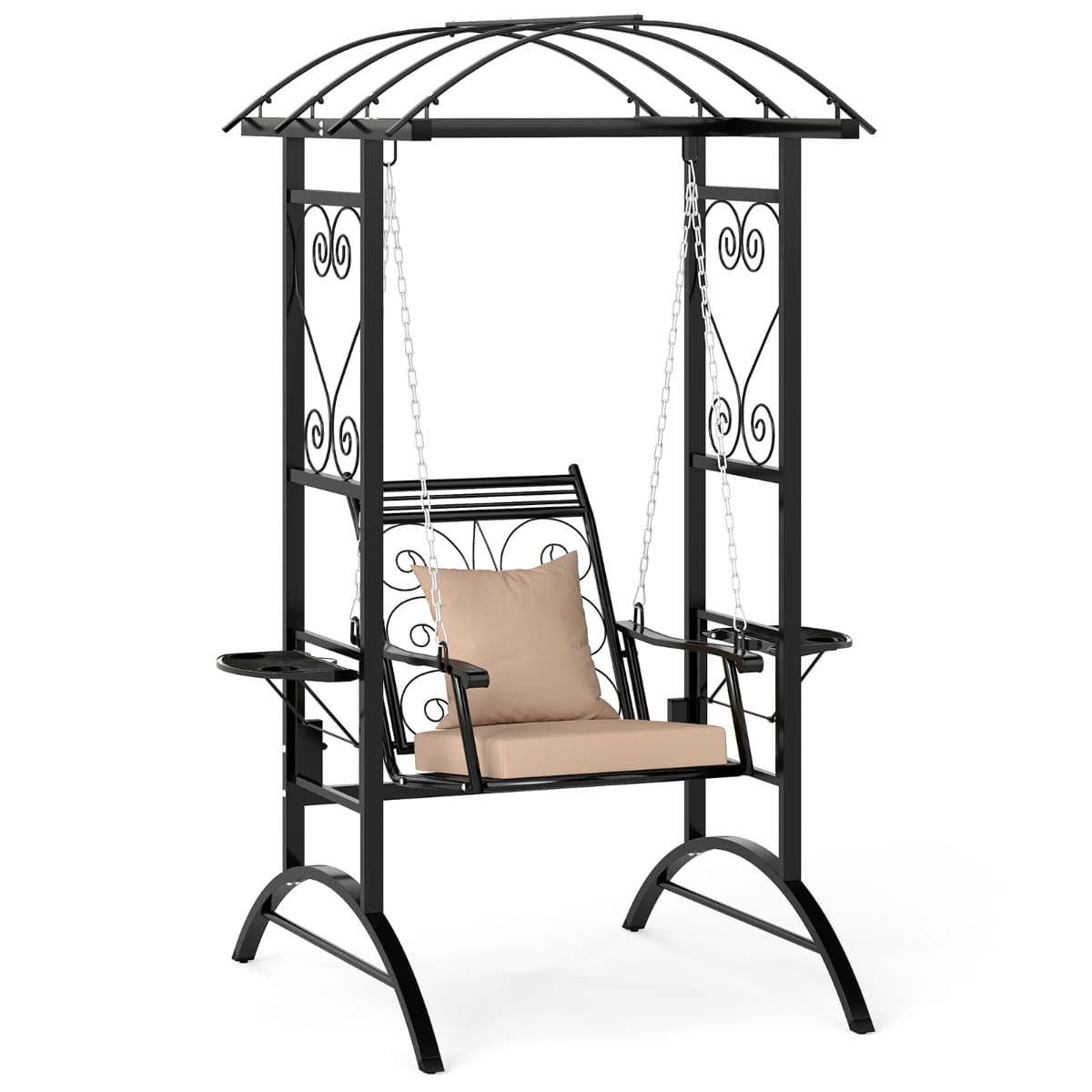 CostwayBalançoire d'Extérieur avec Cadre 2 Treillis Grimpants Coussins et Tables Latérales Balançoire de Terrasse Noir