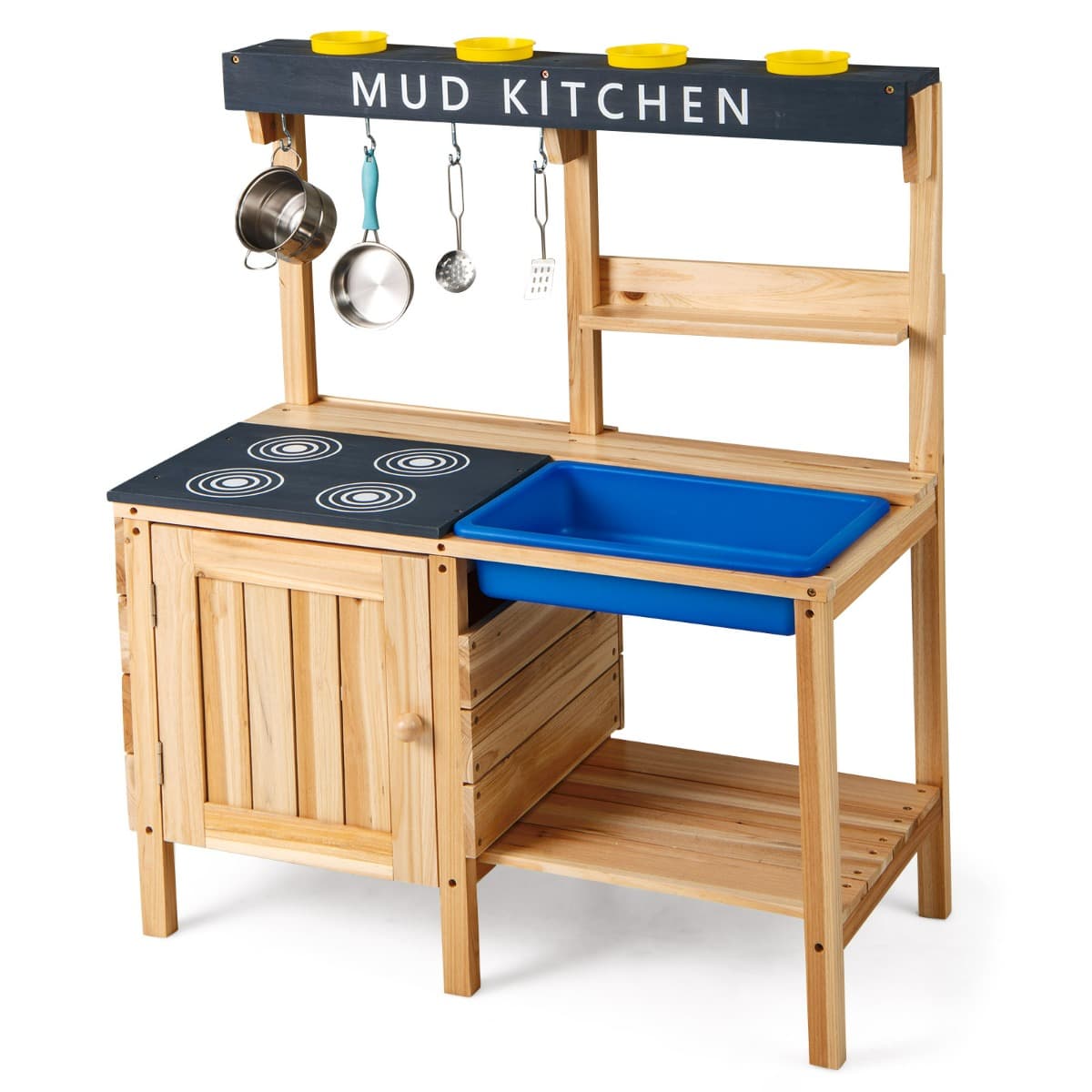 CostwayCuisine d'Extérieur en Bois avec Évier Amovible Accessoires Porte de Four 2 Étagères Porte-gobelets Crochets pour 3-8 Ans Naturel