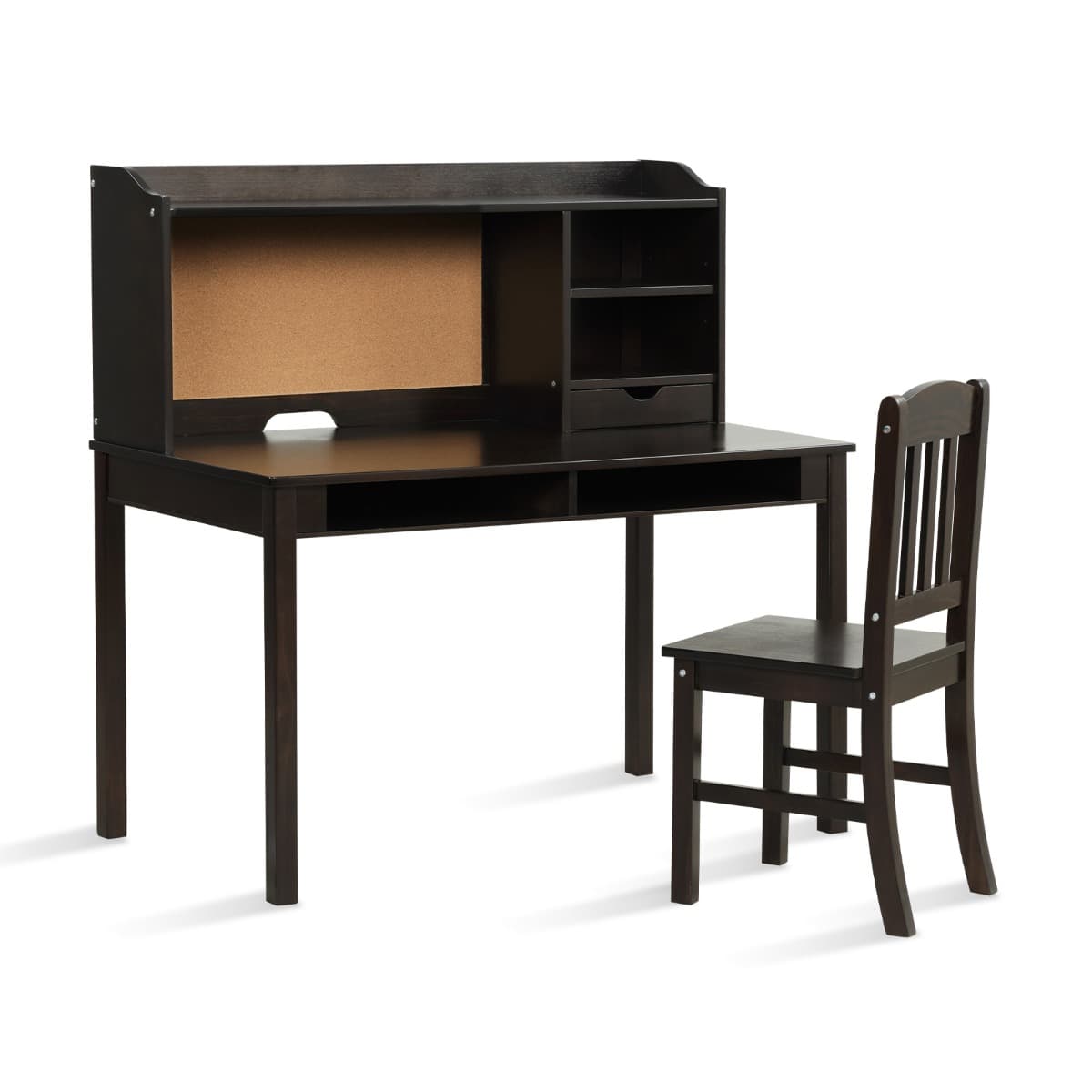 CostwayEnsemble Bureau et Chaise pour Enfant Bureau pour Enfant avec Chaise Plateau Tiroirs Étagères Tableau d'Affichage en Liège Marron