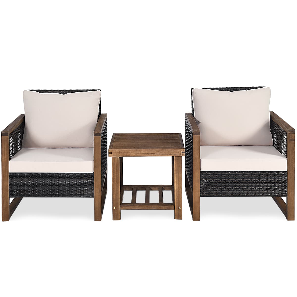 CostwayEnsemble Salon de Jardin en Bois d'Acacia Rotin Artisanal Anti-soleil Résistant aux Intempéries pour Porche Balcon Terrasse