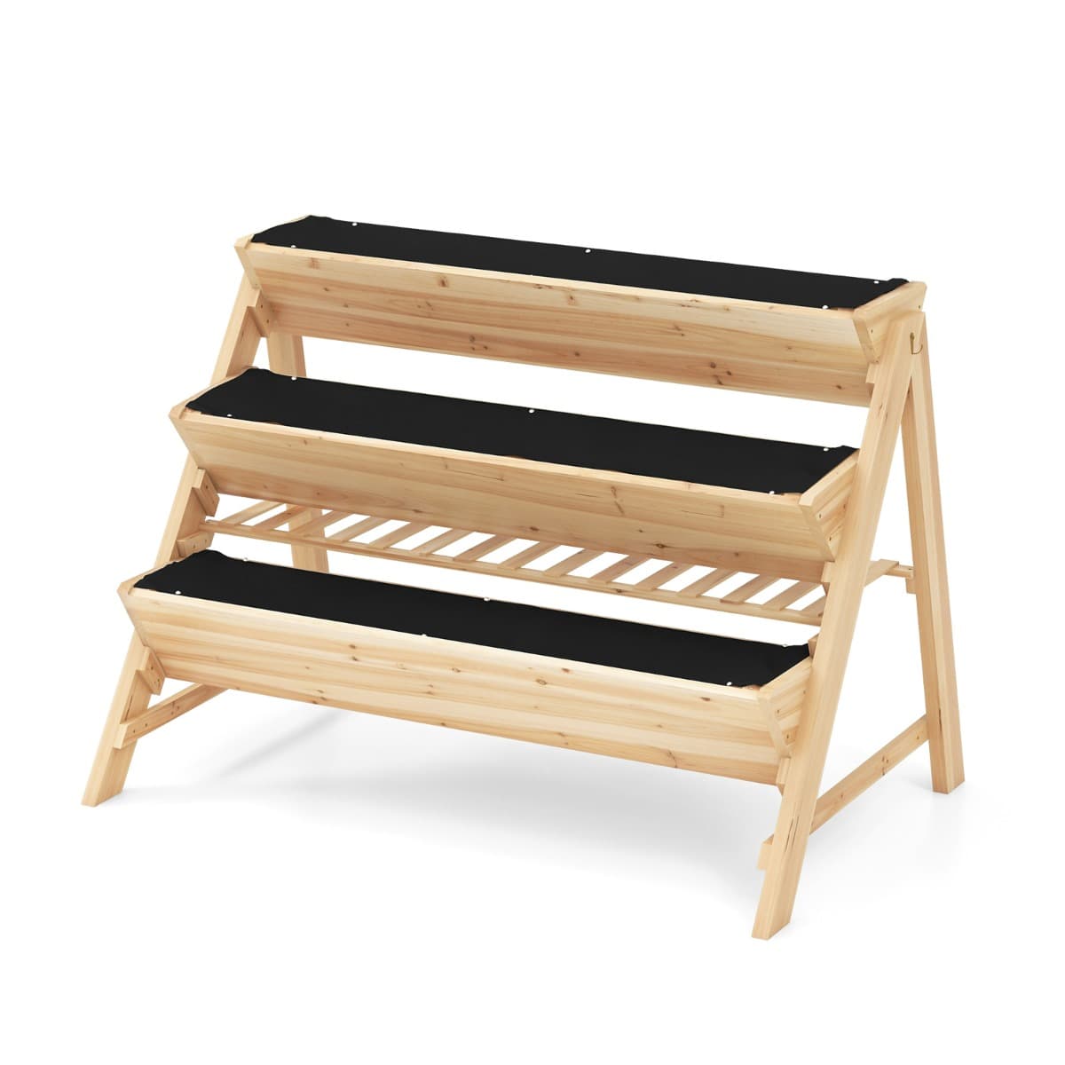 CostwayJardin Surélevé à 3 Niveaux Jardinière Verticale en Bois de Sapin avec Étagère de Rangement 2 Crochets Suspendus&3 Doublures de Bac Naturel