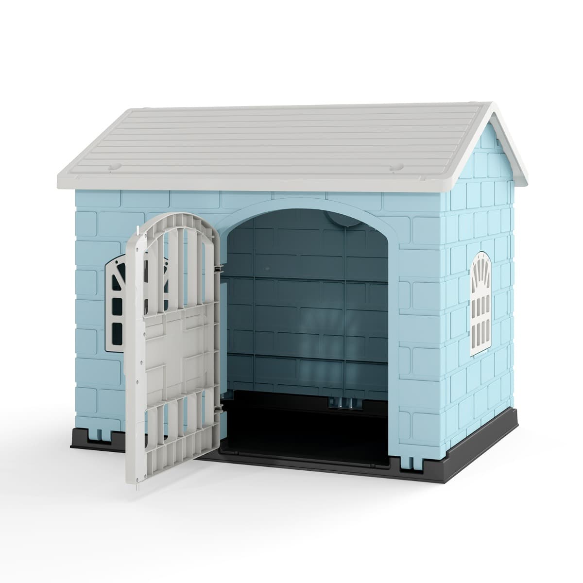 CostwayNiche pour Chien en Plastique Abri Intérieur et Extérieur avec Porte Verrouillable 3 Fenêtres Toit Incliné Cage Étanche Bleu