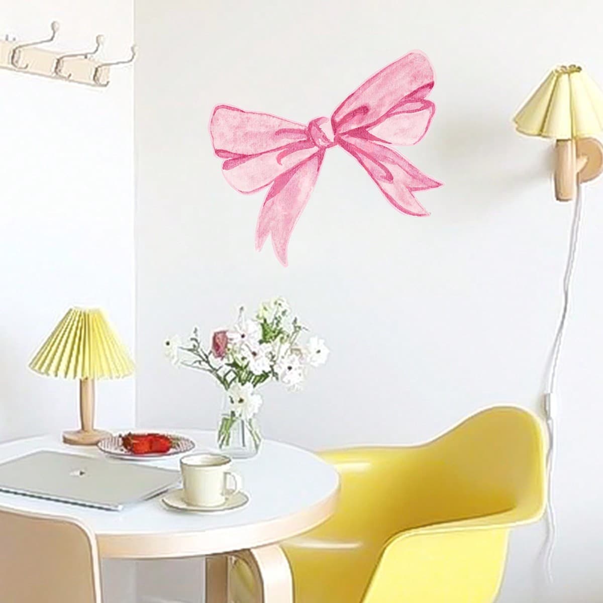 2 pièces Autocollants muraux de nœud rose, élégance Bow Retro Room Decor DIY Watercolor Wall Decals, PVC Pell et Stick Vintage Wall Decor pour la