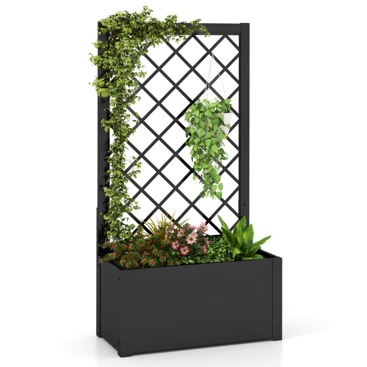 CostwayJardin Surélevé avec Treillis Bac à Plantes en Métal de 112CM Légumes Vignes Fleurs Récipient de Plantation Autoportant Noir