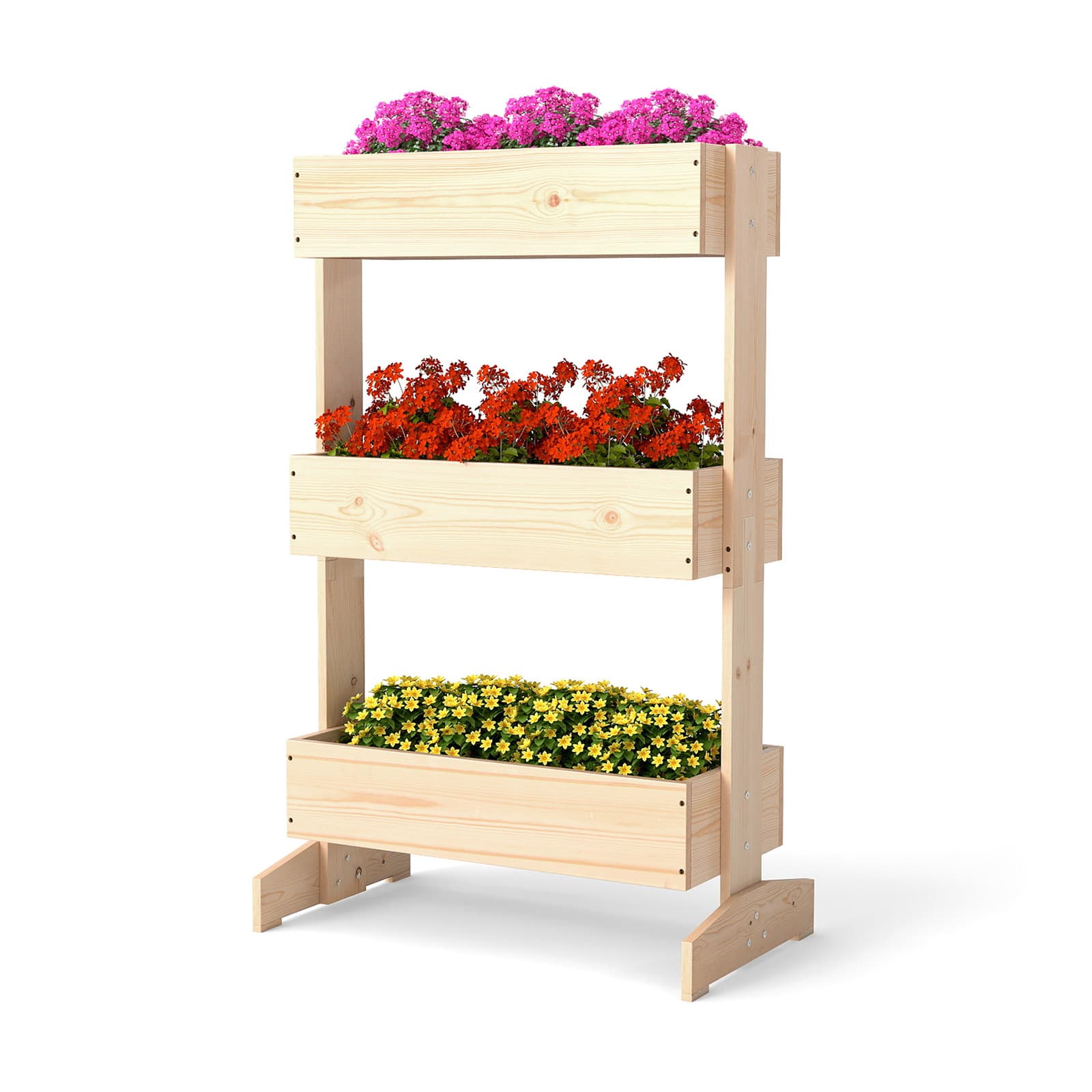 CostwayJardin Vertical avec 3 Étagères Parterre de Fleurs avec 3 Bacs de Plantation Jardin en Bois de Sapin Naturel 69 X 39 X 109 cm Naturel